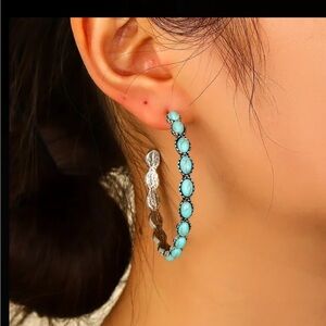 Turquoise Stone Large Silver Hoop Earrings